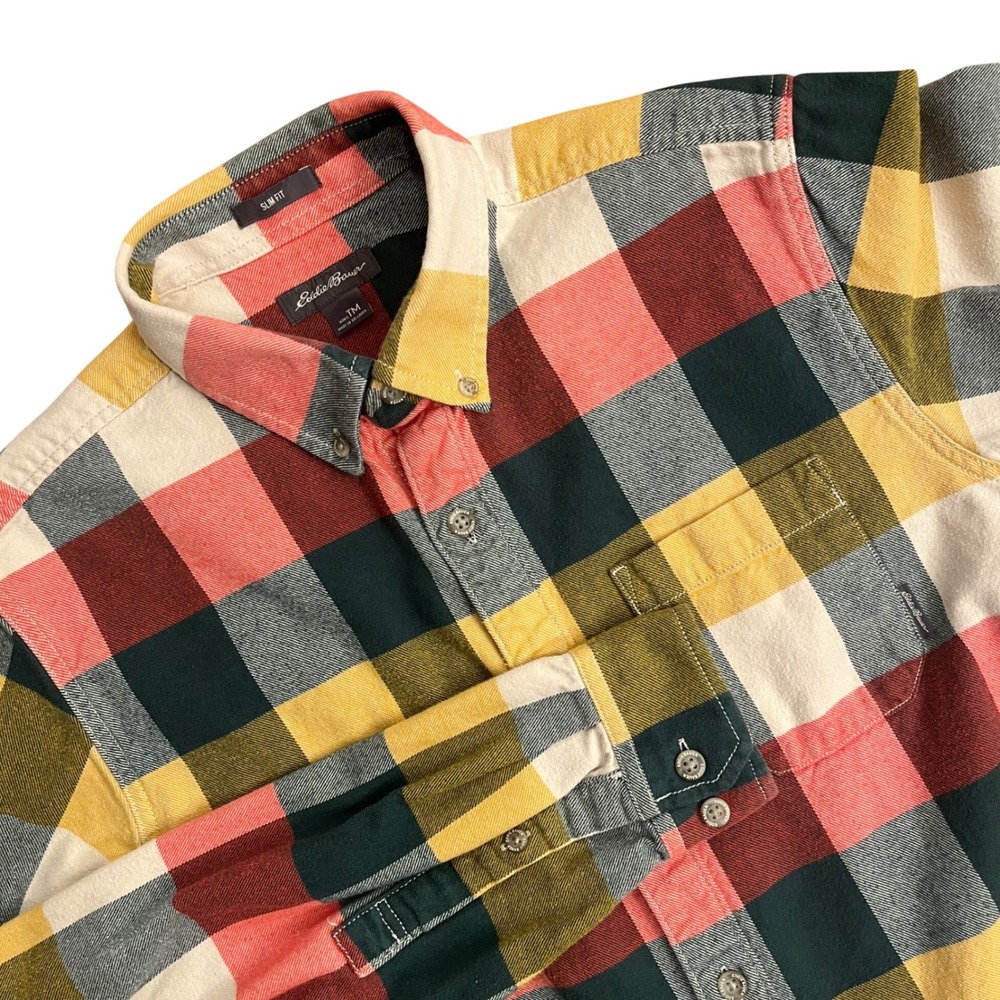 Eddie Bauer Flannel Shirt Mens Medium Slim Fit Multi Color Buffalo Plaid Cotton